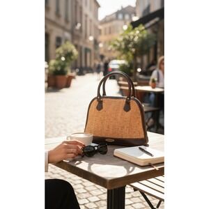 Valmoro Made in Italy Cork Brown Leather Trim Dome Structured Satchel Purse Bag